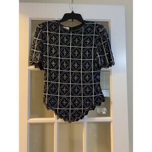 Laurence Kazar blue black full beaded flower shirt short sleeved womens MED SILK